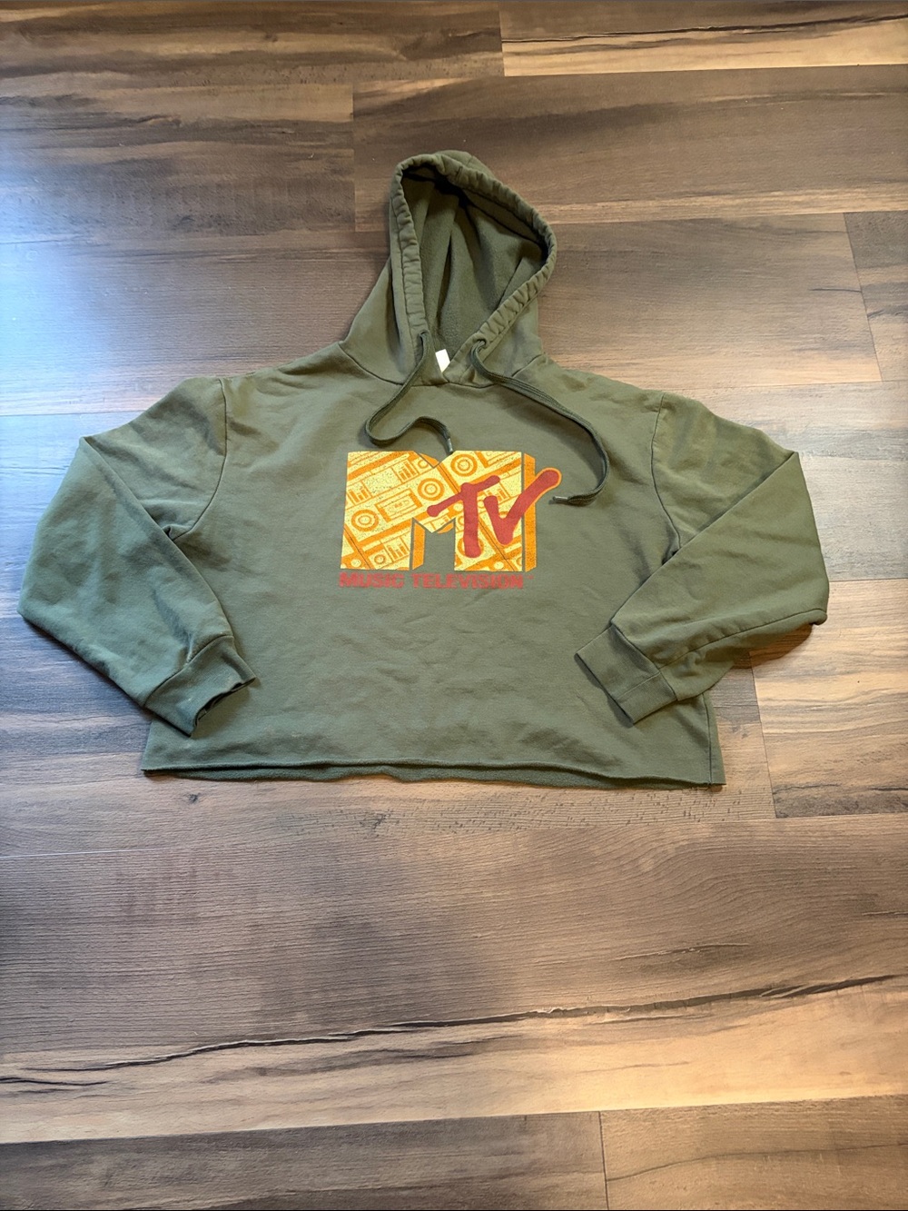 MTV Olive Green Cropped Hoodie with Yellow and Red Logo Womens Small *Flawed*